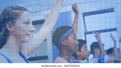 Image of mathematical equations over schoolchildren. global education, technology and connections concept digitally generated image.