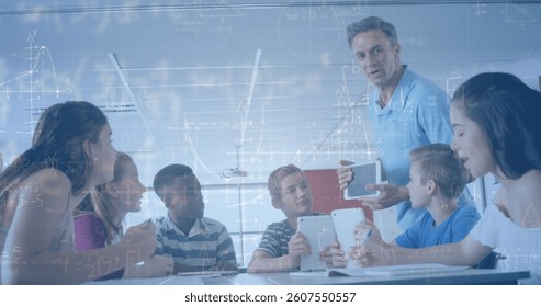 Image of mathematical equations over schoolchildren learning. global education, technology and connections concept digitally generated image.