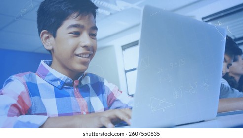 Image of mathematical equations over schoolchildren using laptop. global education, technology and connections concept digitally generated image.