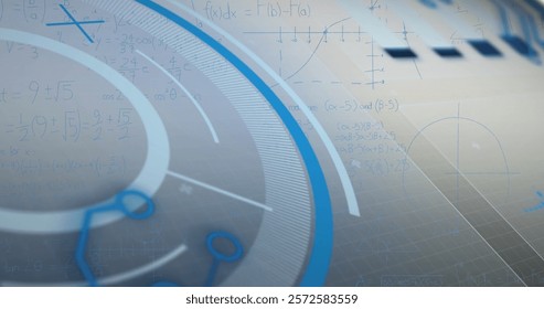 Image of mathematical equations over scope scanning. Global science, technology and digital interface concept digitally generated image.