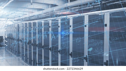 Image of mathematical equations over server room. Global business and digital interface concept digitally generated image. - Powered by Shutterstock - Get 15% off with code: PIKWIZARD15
