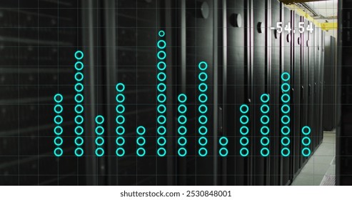 Image of mathematical equations over server room. Global technology and digital interface concept digitally generated image.