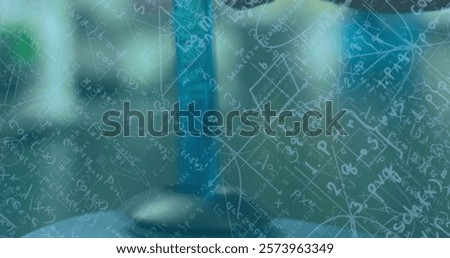 Image of mathematical equations over test tube in lab. Science, medicine, equations and digital interface concept digitally generated image.