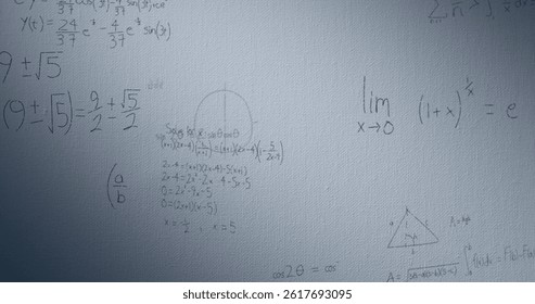 Image of mathematical equations over white background. education, learning and science concept digitally generated image.