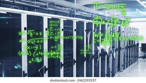 Image of mathematical equations and plexus networks against computer server room. Computer interface and business data storage technology concept