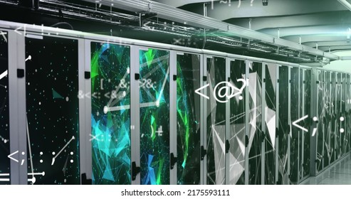 Image of mathematical equations and structures over server room. global science, technology and digital interface concept digitally generated image.