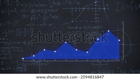 Image of mathematical formulae and data processing over statistics. Global connections, computing and data processing concept digitally generated image.