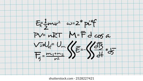 Image of mathematical formulae on white squared background. Global education, computing and data processing concept digitally generated image.