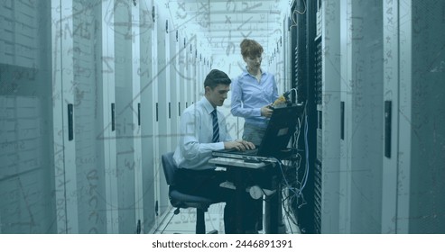 Image of mathematical formulae over people working in tech room with computer servers. digital interface global connection and communication concept digitally generated image. - Powered by Shutterstock - Get 15% off with code: PIKWIZARD15