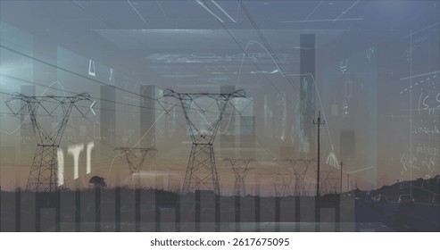 Image of mathematical formulas over high voltage lines. science, education and learning concept digitally generated image.