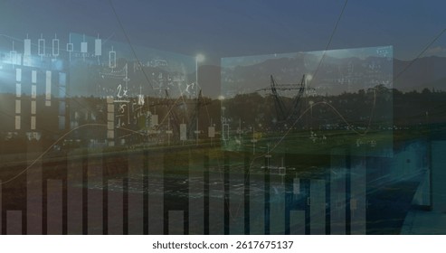 Image of mathematical formulas over high voltage lines. science, education and learning concept digitally generated image.