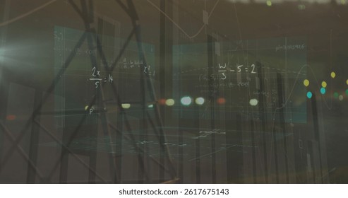 Image of mathematical formulas over high voltage lines. science, education and learning concept digitally generated image.