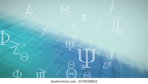 Image of mathematical symbols over blue shapes. Technology, business and digital interface concept digitally generated image.
