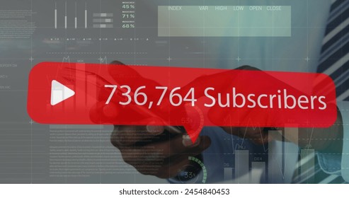 Image of media icon and data processing over african american businessman using smartphone. social media and communication interface concept digitally generated image.