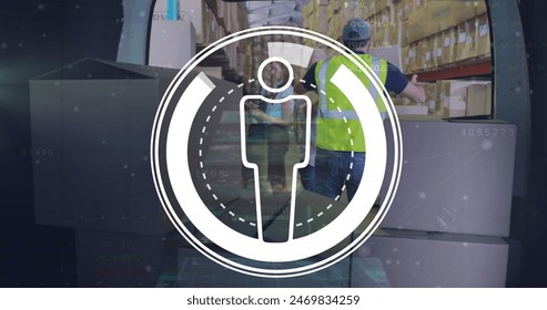 Image of media icon and data processing over caucasian male worker packing car in warehouse. Global business, delivery and digital interface concept digitally generated image.