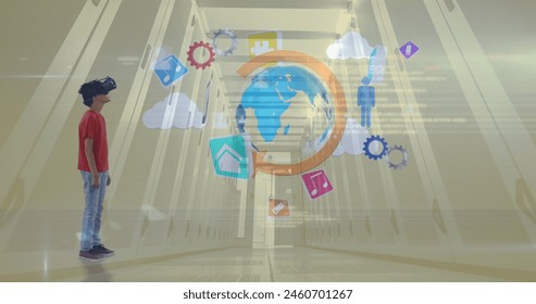 Image of media icons and caucasian boy with vr headset over server room. global technology and digital interface concept digitally generated image. - Powered by Shutterstock