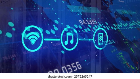 Image of media icons and data processing over world map and server room. Global technology and digital interface concept digitally generated image.