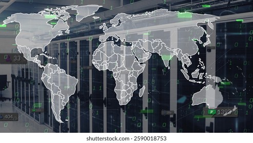 Image of media icons and data processing over world map and server room. Technology and digital interface concept digitally generated image.
