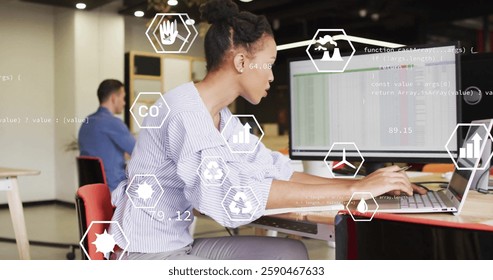 Image of media icons and data processing over diverse colleagues working in office. Technology, business and digital interface concept digitally generated image.