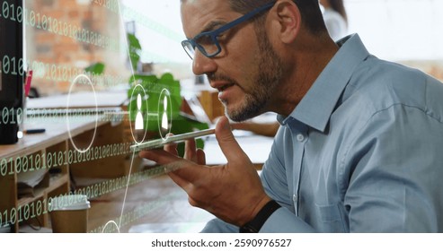 Image of media icons and data processing over caucasian casual businessman using smartphone. Global business and digital interface concept digitally generated image.