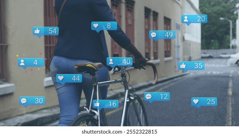 Image of media icons over biracial woman walking with bicycle. Business, social media and digital interface concept digitally generated image. - Powered by Shutterstock