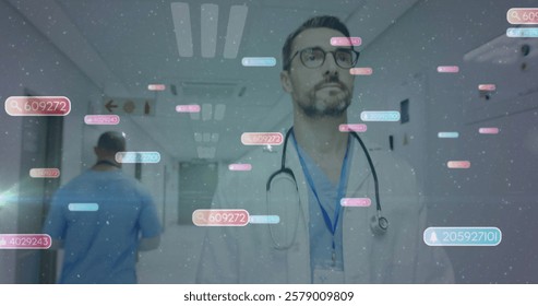 Image of media icons over caucasian male doctor walking. Social media, medicine and digital interface concept digitally generated image.