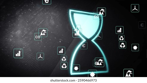 Image of media icons over data processing and hourglass. Technology, business and digital interface concept digitally generated image. - Powered by Shutterstock - Get 15% off with code: PIKWIZARD15