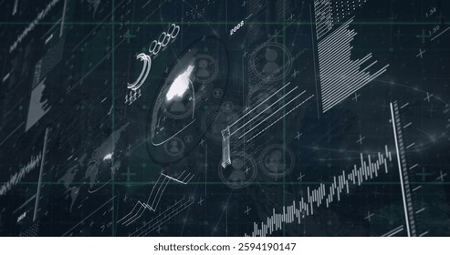Image of media icons over diagrams and data processing. Global business and digital interface concept digitally generated image.