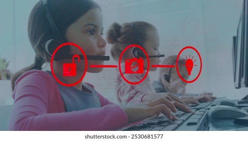 Image of media icons over diverse children using phone headsets in office. Global business, technology and digital interface concept, digitally generated image. - Powered by Shutterstock