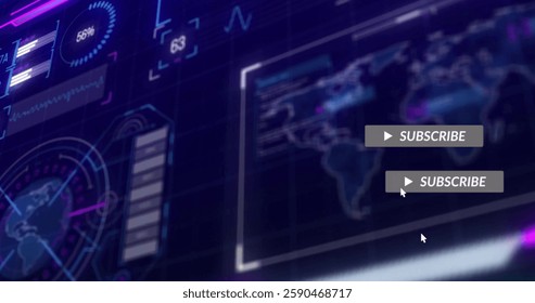 Image of media icons over world map and data processing. Technology, business and digital interface concept digitally generated image. - Powered by Shutterstock - Get 15% off with code: PIKWIZARD15