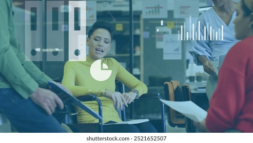 Image of media icons and processing data over diverse colleagues discussing at casual office. Digital interface, network, business, teamwork and global communication, digitally generated image.