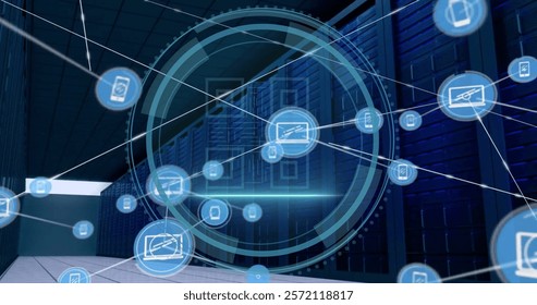 Image of media icons and scope scanning with qr code over server room. Global technology and digital interface concept digitally generated image.