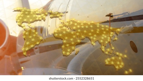 Image of media icons and world map over plane. Technology and digital interface concept digitally generated image. - Powered by Shutterstock