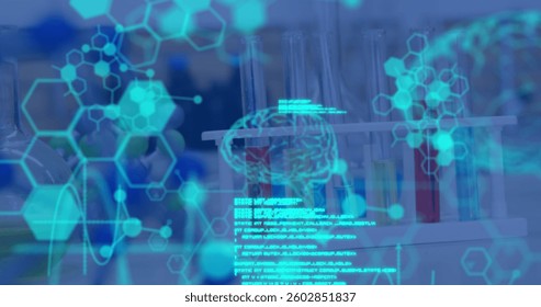 Image of medical data processing, human brain, molecules and chemical compound structures. global science technology concept digitally generated image.