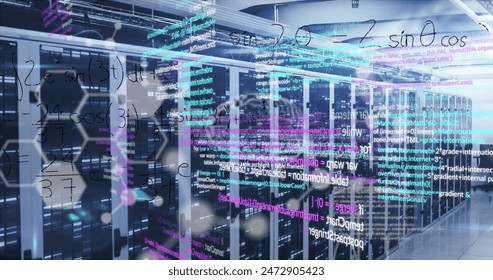 Image of medical data processing and mathematical equations against computer server room. Medical research science and business data storage technology concept