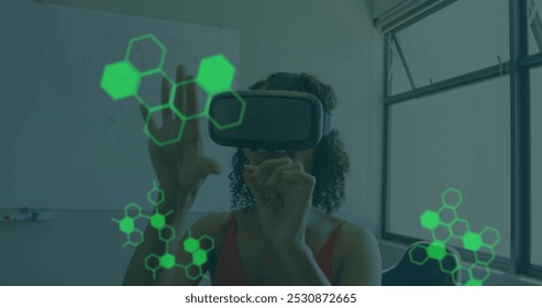 Image of medical data processing on interface, over person wearing vr headset. global medical research technology and digital interface concept, digitally generated image.
