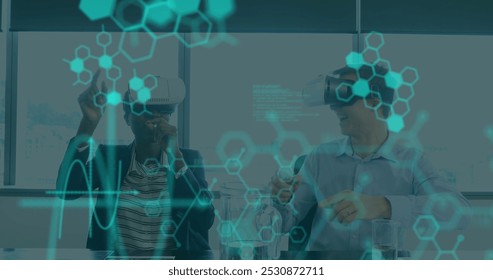 Image of medical data processing on interface, over man and woman wearing vr headsets. global medical research technology and digital interface concept, digitally generated image.