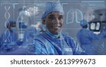 Image of medical data processing over smiling male surgeon in operating theatre. medicine and healthcare services concept digitally generated image.