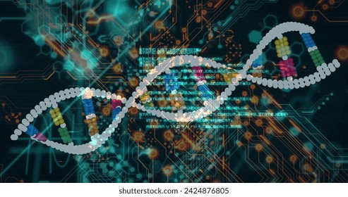 Image of medical data processing over dark background. Global medicine, technology, data processing and digital interface concept digitally generated image.