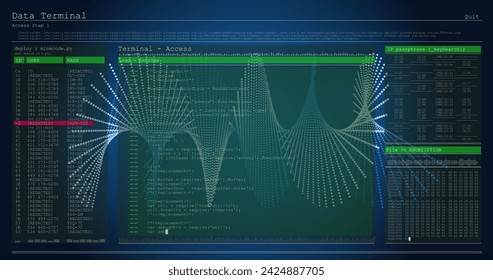 Image of medical data processing over dark background. Global medicine, technology, data processing and digital interface concept digitally generated image.