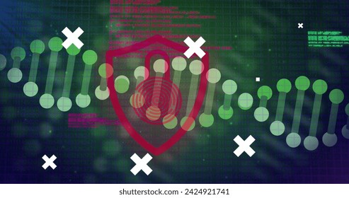 Image of medical data processing over dark background. Global medicine, technology, data processing and digital interface concept digitally generated image.