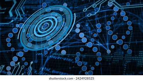 Image of medical data processing over dark background. Global medicine, technology, data processing and digital interface concept digitally generated image.