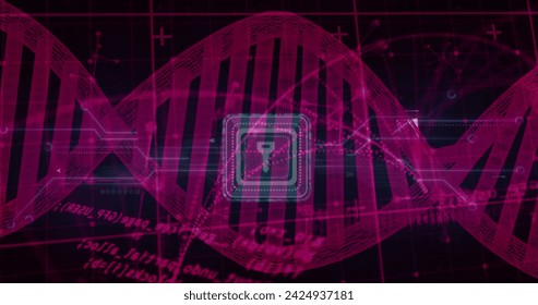 Image of medical data processing over dark background. Global medicine, technology, data processing and digital interface concept digitally generated image.