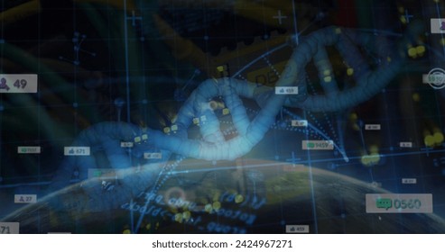 Image of medical data processing over dark background. Global medicine, technology, data processing and digital interface concept digitally generated image.