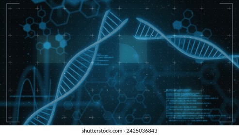 Image of medical data processing over dark background. Global medicine, technology, data processing and digital interface concept digitally generated image.