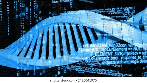 Image of medical data processing over dark background. Global medicine, technology, data processing and digital interface concept digitally generated image.