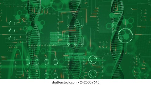 Image of medical data processing over green background. Global medicine, technology, data processing and digital interface concept digitally generated image.