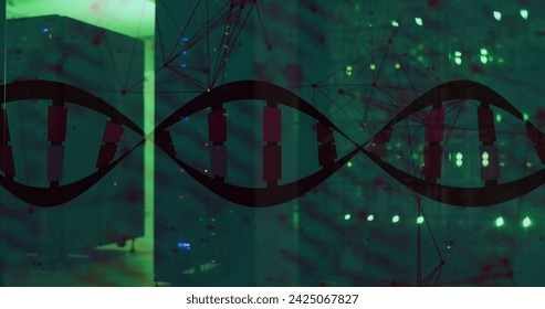Image of medical data processing over dark background. Global medicine, technology, data processing and digital interface concept digitally generated image.