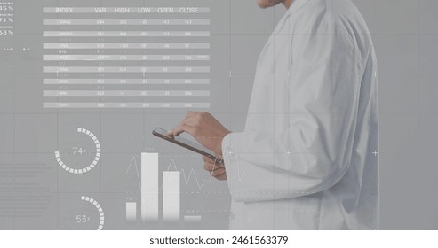 Image of medical data processing over attractive male medical worker wearing white suit using digital tablet. Global medicine healthcare concept digital composite.