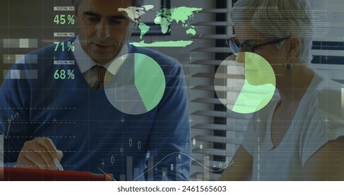 Image of medical data processing over male doctor talking to female patient at the hospital. Global medicine healthcare concept digital composite.